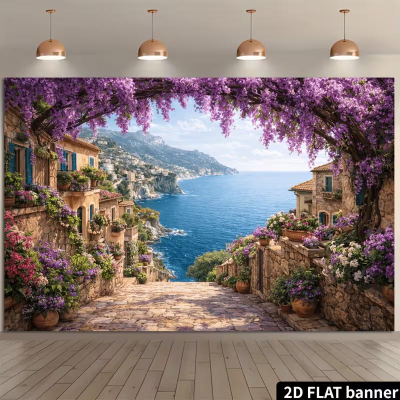 2D Mediterranean Coastal Town Backdrop, Wisteria Arch Banner