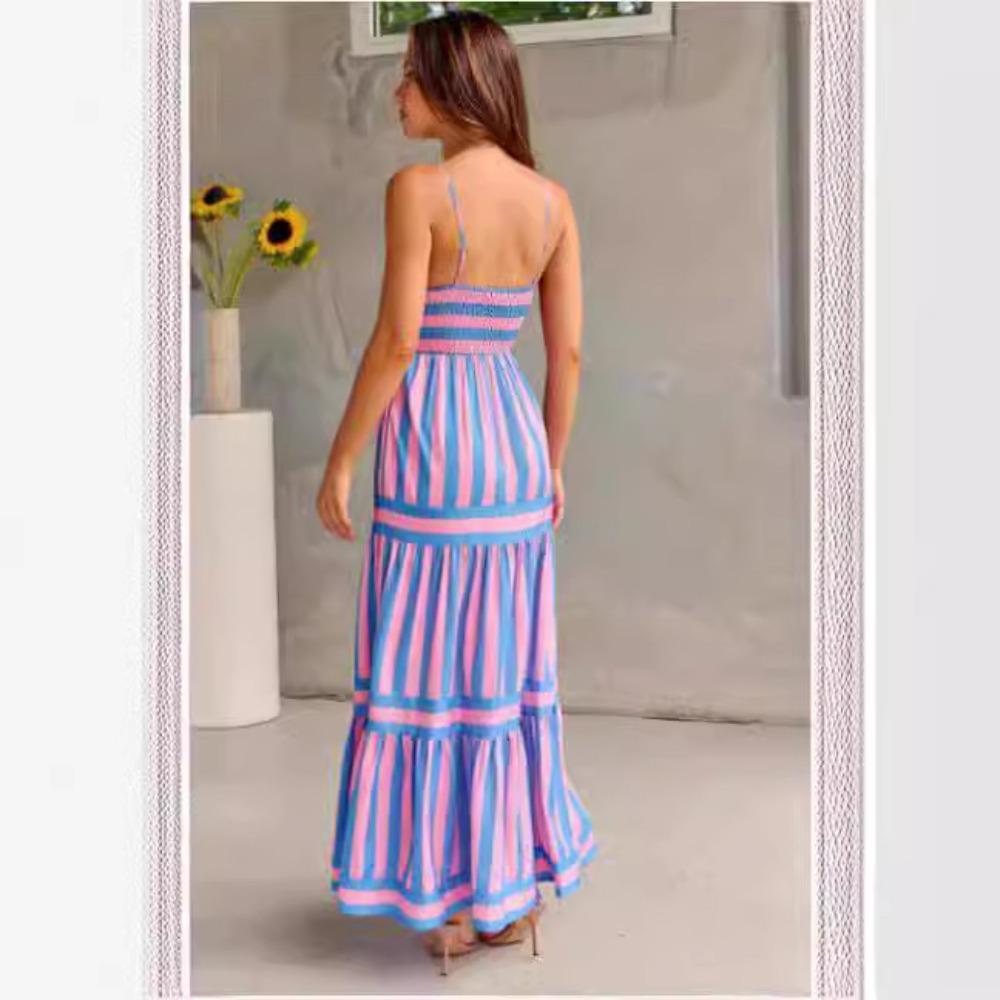Женское strapless без рукавов midi платье свободное со средней посадкой с принтом в вертикальную полоску полиэстер микроэластичное многоярусное с оборками летнее платье для отпуска макси