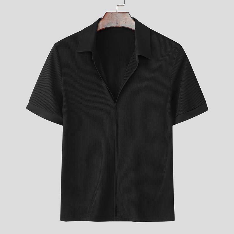 INCERUN Мужские футболки с лацканами, коротким рукавом, повседневные, приталенные, в рубчик