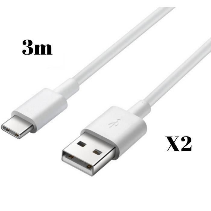Câbles USB-C - PHONILLICO - Lot de 2 - 3 mètres - Compatible avec SONY XPERIA - Couleur Blanc