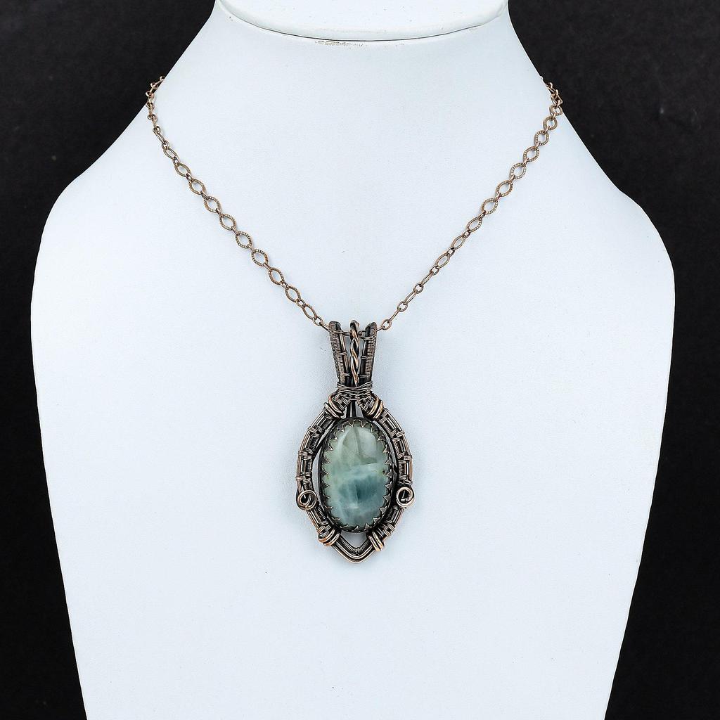 Aquamarine Gemstone Pure Copper Wire Wrapped Handmade Unique Pendant Jewelry