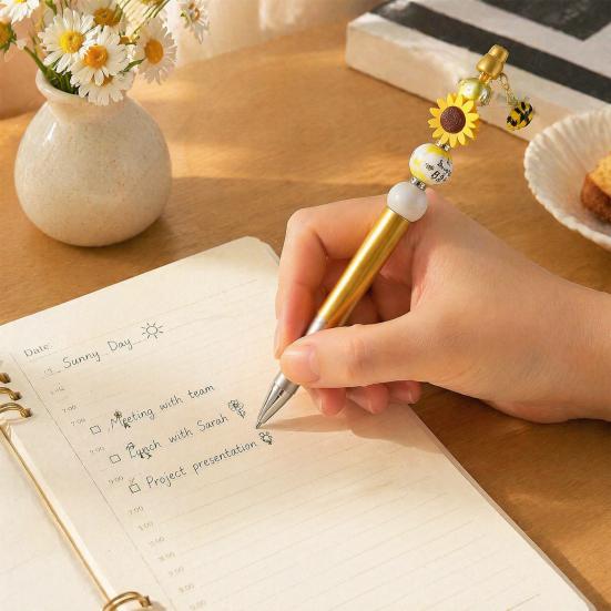 Acrylic And Wooden Beads for Pens Sunflower Bee Beaded Ballpoint Pen Set, DIY Easy Assemble Handmade Making Supplies Kits, Smooth Writing Pen,