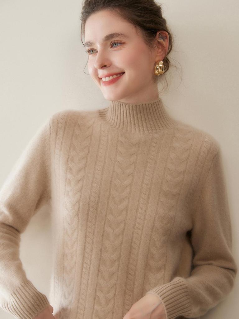 Women's Cashmere Cable Knit Semi-High Neck Sweater - Autumn/Winter Loose Fit Pullover