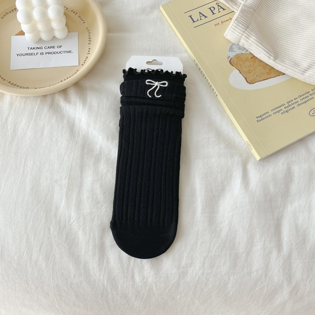 Женские носки Miu, женские хлопковые носки Mori с двойной иглой, с вышитым бантом и грибком, средние носки-трубы