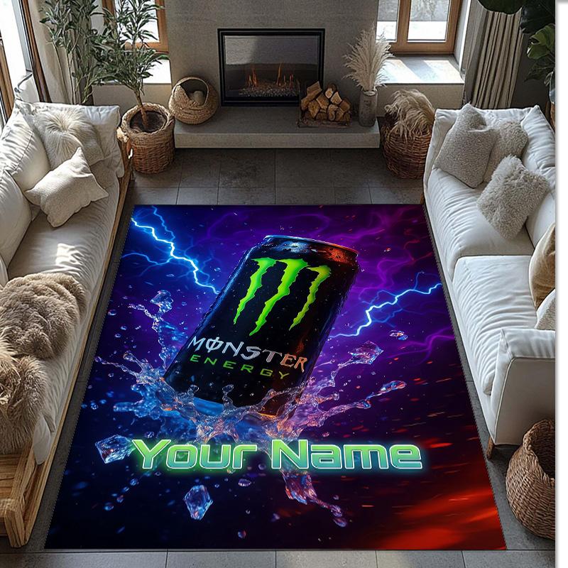 Monster Energy Crystal Velvet Rug, Custom Name Text Personalized Non‑Slip Floor Mat for Home Decor Gift