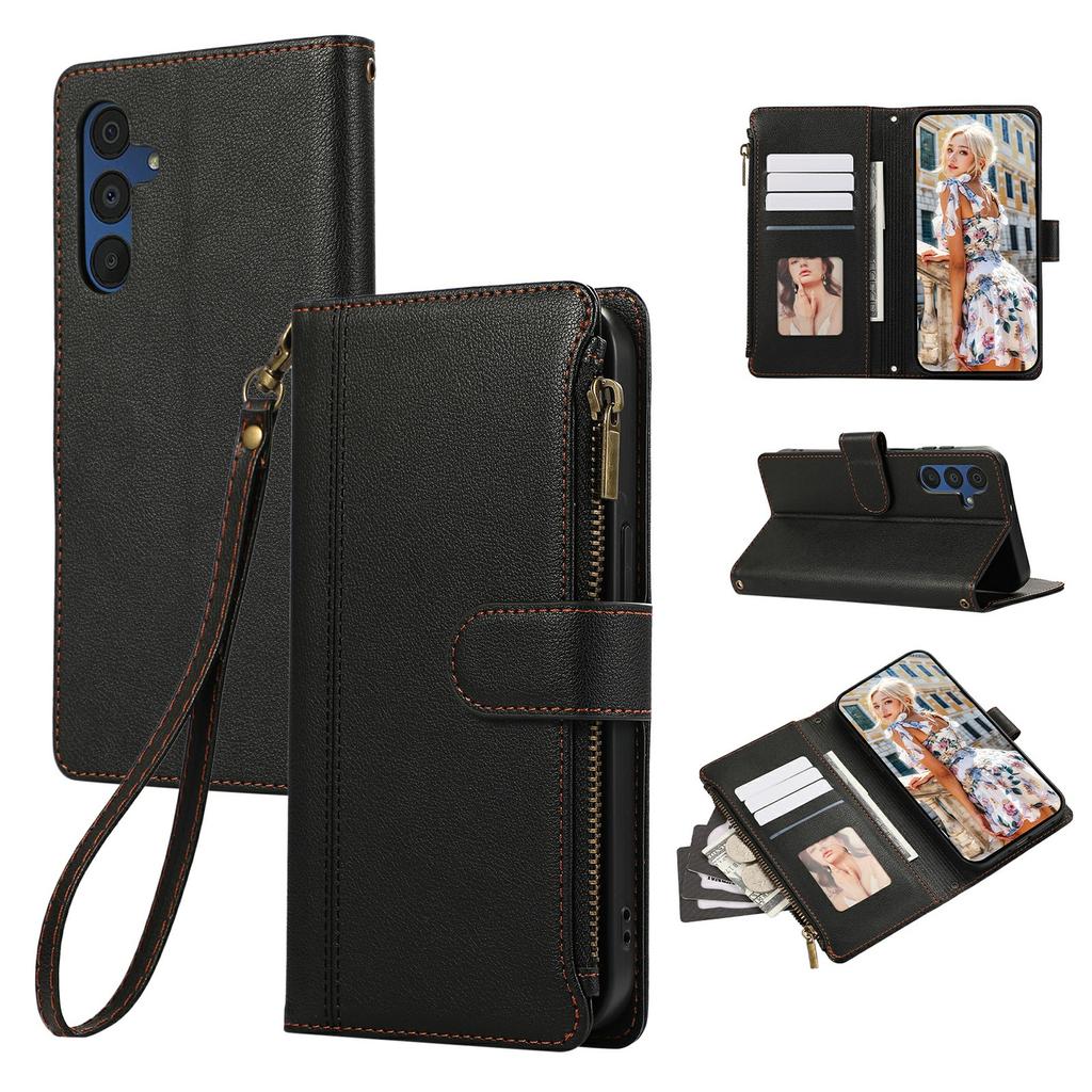 For Samsung Galaxy A35 5G Case Multi Card Slots Zipper Leather Phone Cover with Wrist Strap