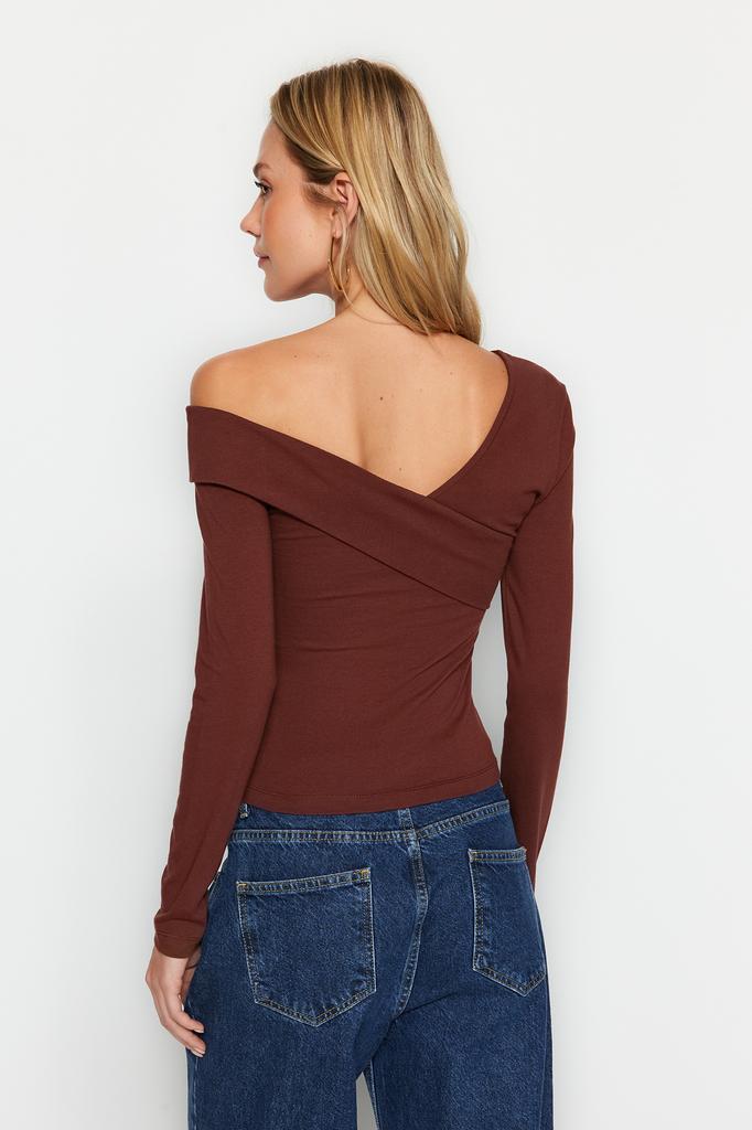 Women's Fashion New Blouse Black Cotton Stretchy Flounce Fitted Crop Knitted Blouse