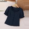 Summer Women Puff Short Sleeve Solid Color Casual Short Blouse Tops