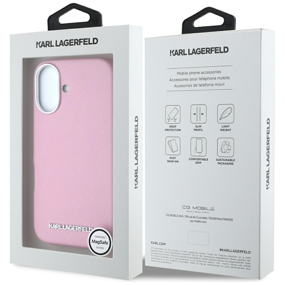Karl Lagerfeld Saffiano Full Wrapped Elongated Metal Logo MagSafe Case for iPhone 16 Pink