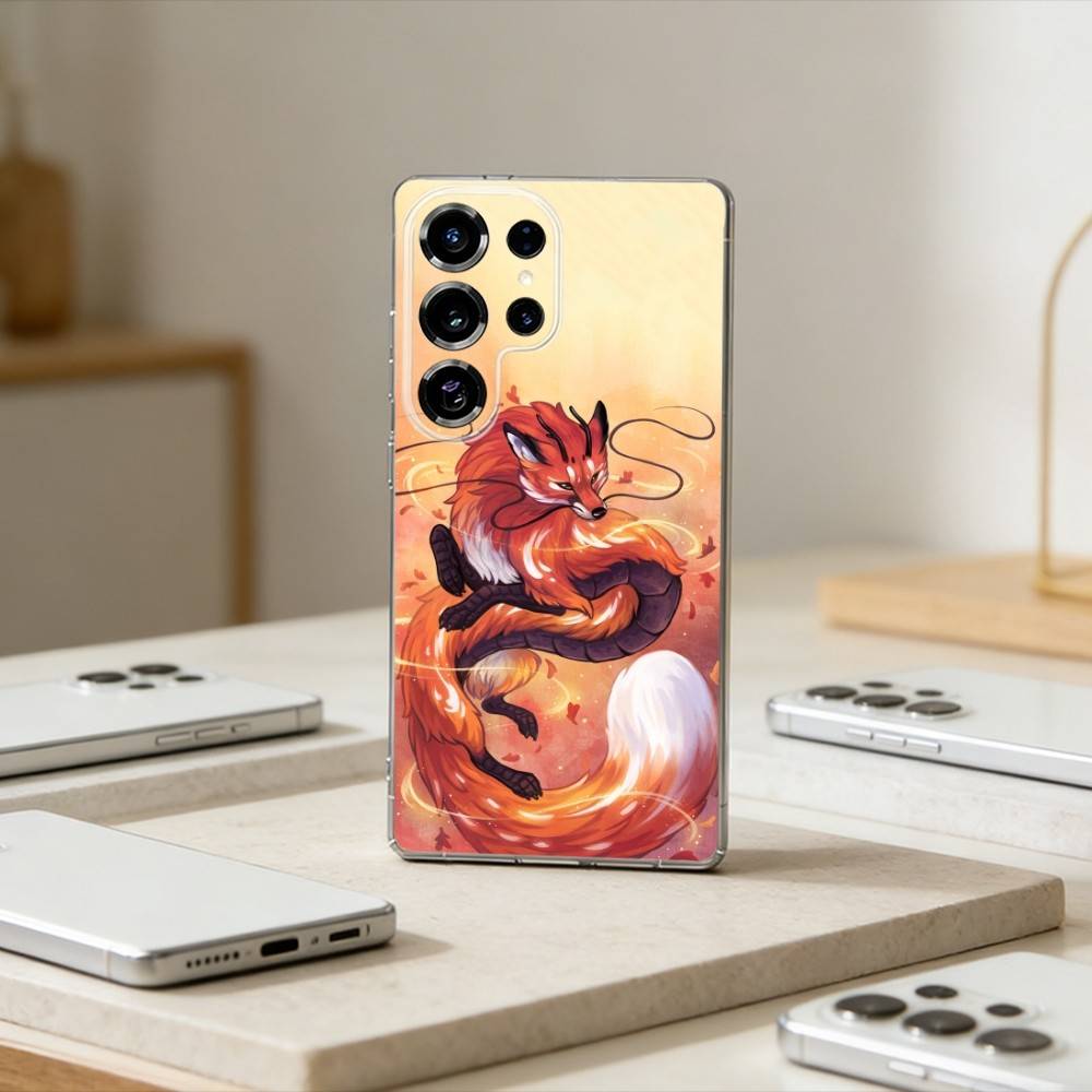 Cute Fox Cartoon Phone Case For Samsung S25,S24,S21,S22,S23,S30,Ultra,S20,Plus,Fe,Note,10,9,5G Transparent Cover
