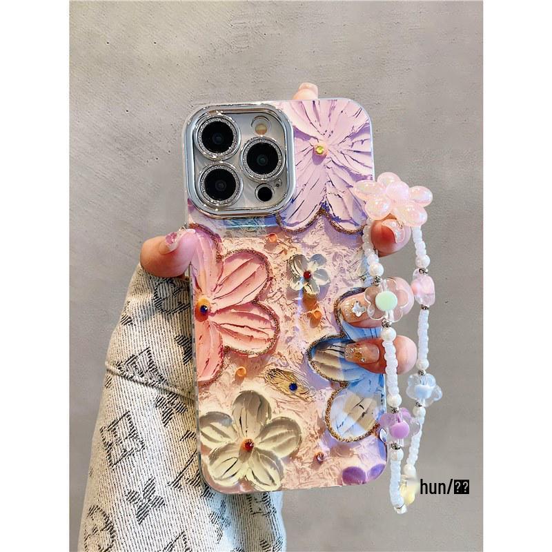 Масляная живопись синим светом, цветочный чехол для телефона для iPhone 16 Pro Max - Дизайн с тонким отверстием из перьевой пряжи в корейском стиле