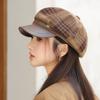 Autumn Hat Women's Leather Plaid Beret Versatile Face Cap Warm Octagonal Hat