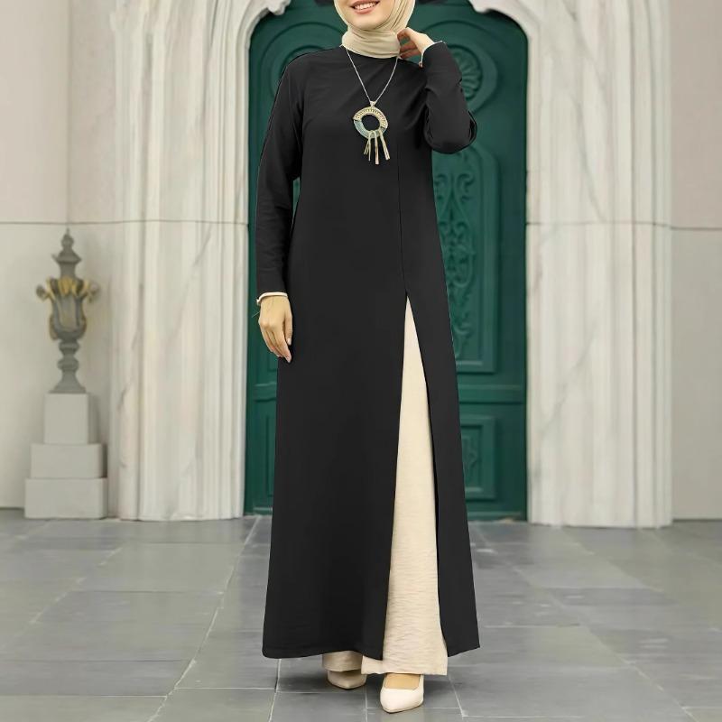 Весеннее женское платье из ледяного шелка с длинными рукавами и высоким разрезом по низу, модное