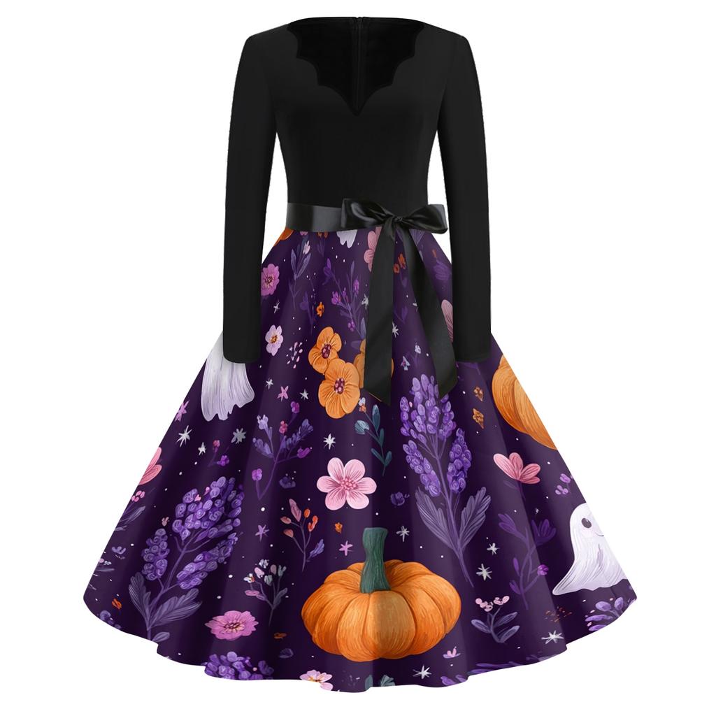 Women's Vintage Halloween Print V Neck Dress Long Sleeve Retro Fit and Flare Dress with Waist Tie Belt Casual Party Dress