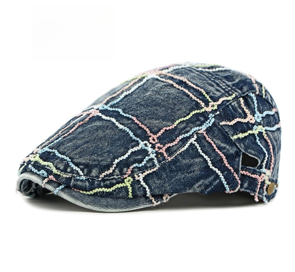 Unisex Washed Denim Flat Cap Colorful Wavy Stitching Ivy Cap Retro Duckbill Hat Gatsby Cabbie Cap Distressed Denim Beret