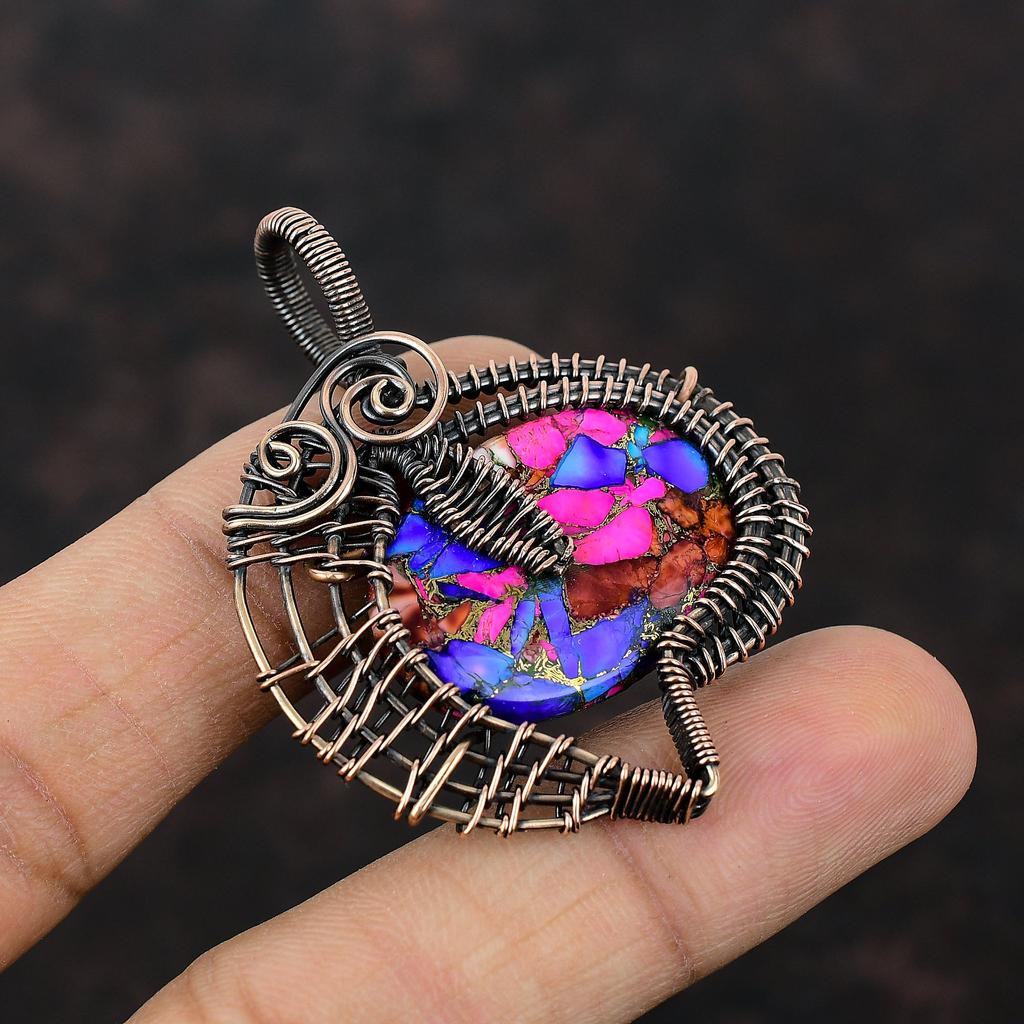 Натуральный бирюзовый кулон Kingman Pink Dahlia, обернутый медной проволокой, ювелирное изделие ручной работы, кулон с драгоценным камнем для подарка, дизайнерское медное ювелирное изделие