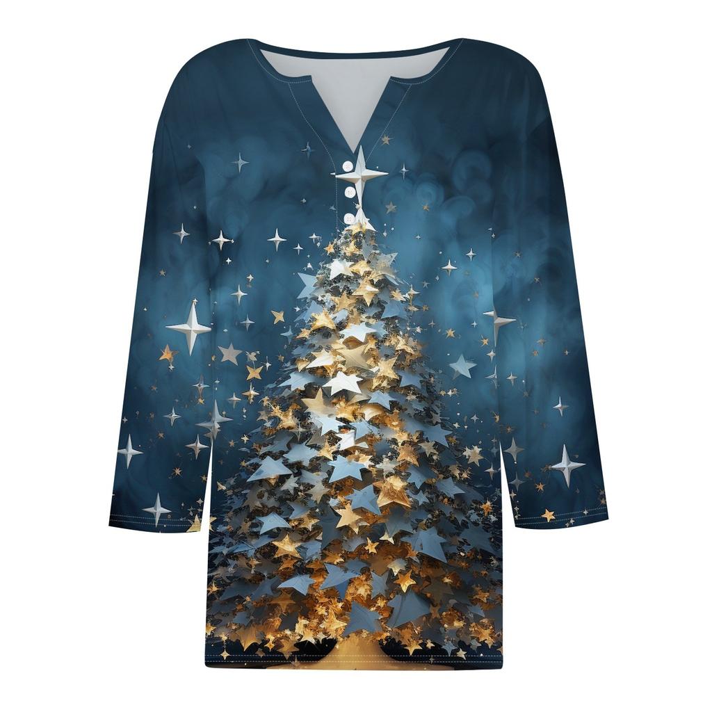 Жен. Футболка Футболка С принтом Пуговицы Рукав 3/4 Повседневные Выходные Мода Классический Классический V-образный вырез Обычный Верх