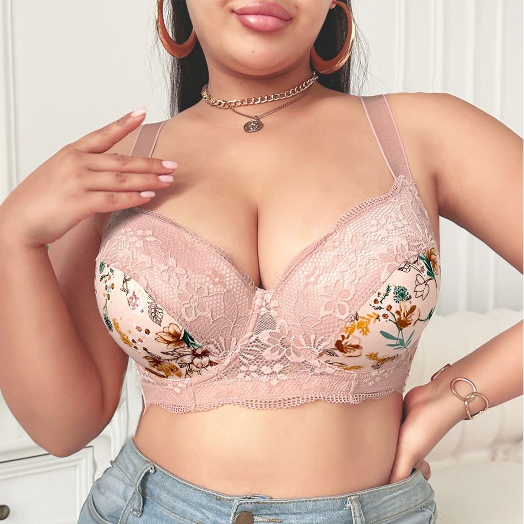 European and American New Large Size Pure Desire Underwear Printing Sexy Deep V Gathered Bra Large Size Underwear