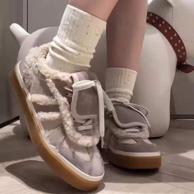 Модные женские плоские спортивные туфли Зимние новые с круглым носком Комбинированные Замшевые На шнуровке Нескользящие Износостойкие Хлопковые ботинки