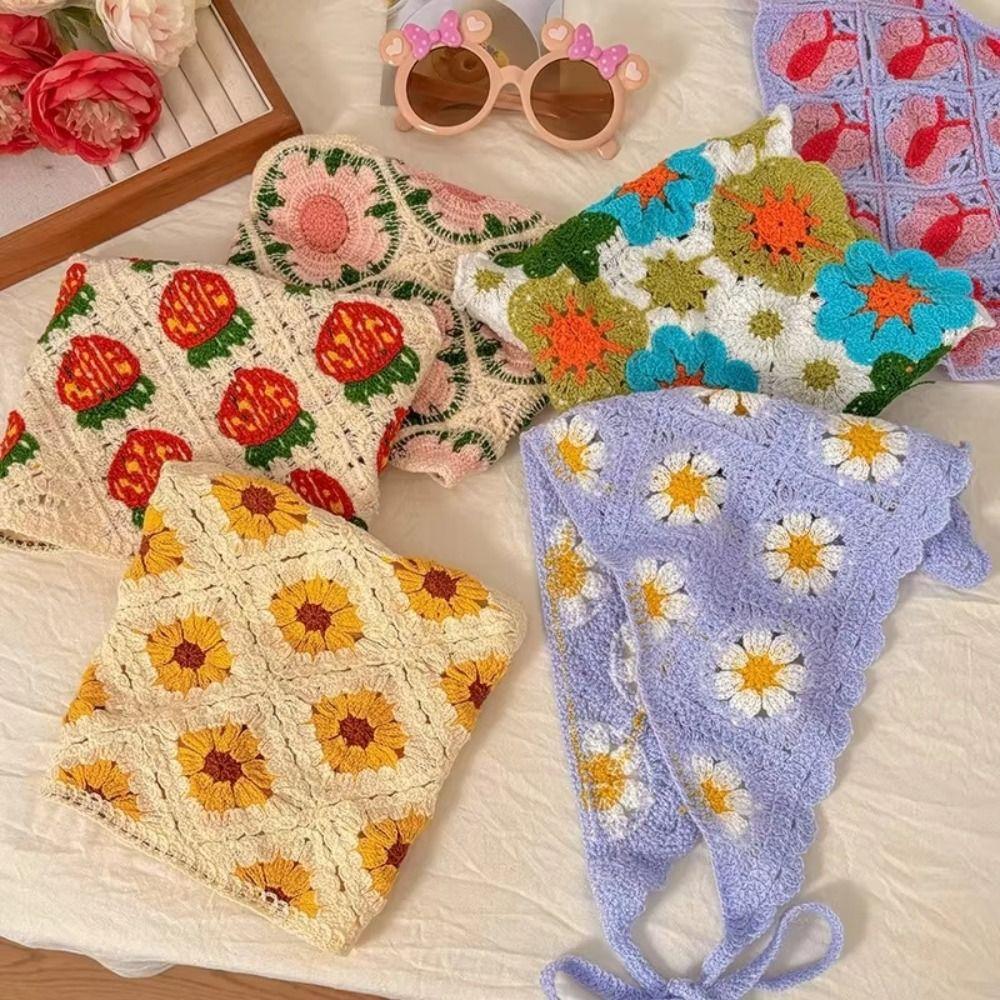 Вязаный Девочка Цветок Косынка Крючком Пляжный Отпуск Волосы Аксессуар Милая Треугольная Повязка на Голову
