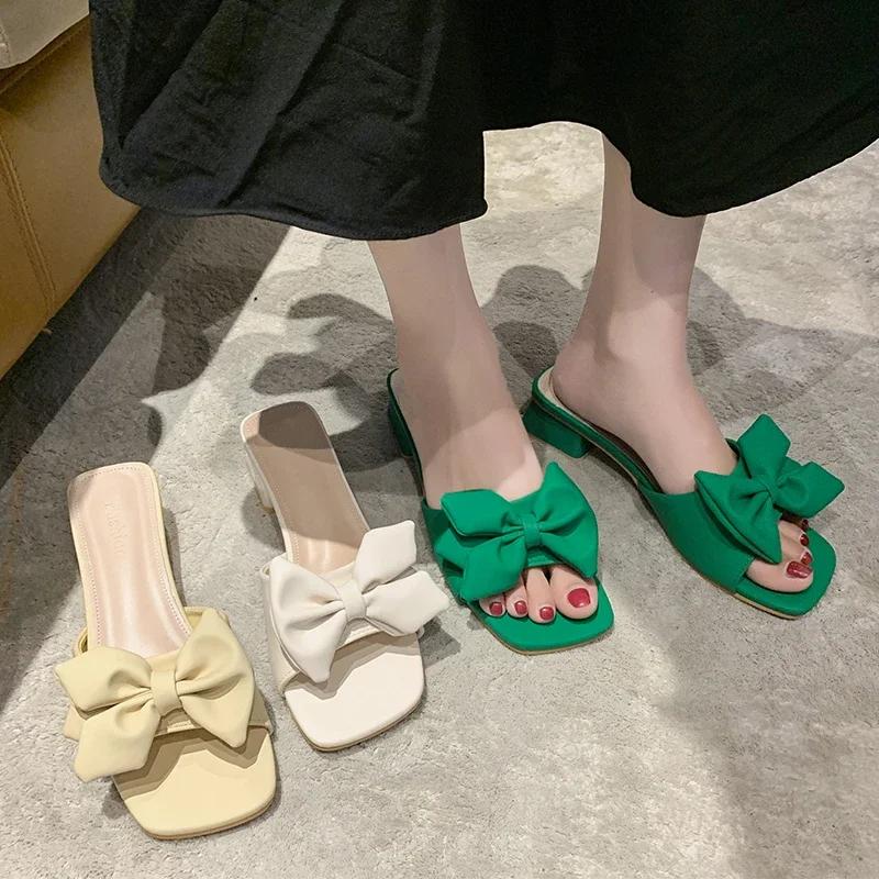 Модные летние туфли на квадратном каблуке женские мюли зеленые бабочка-узлы сандалии женские