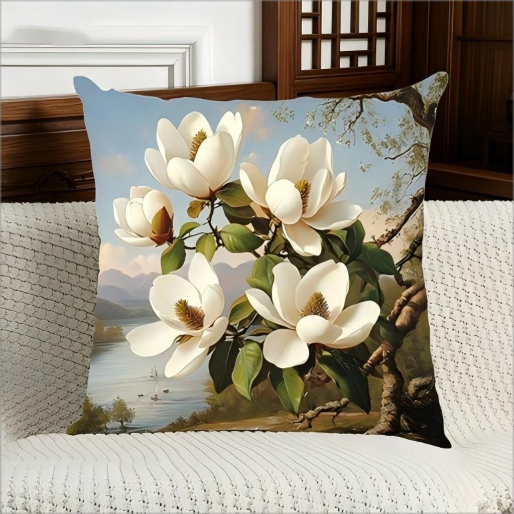 Vintage Magnolia Flower Print Throw Pillow Cover, Floral Landscape Art Decorative Cushion Case For Sofa Bedroom
