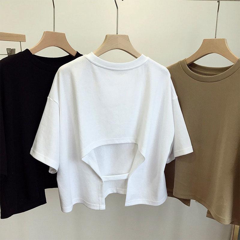 Футболка с открытой спиной, летняя, с круглым вырезом, свободный топ с короткими рукавами для женщин