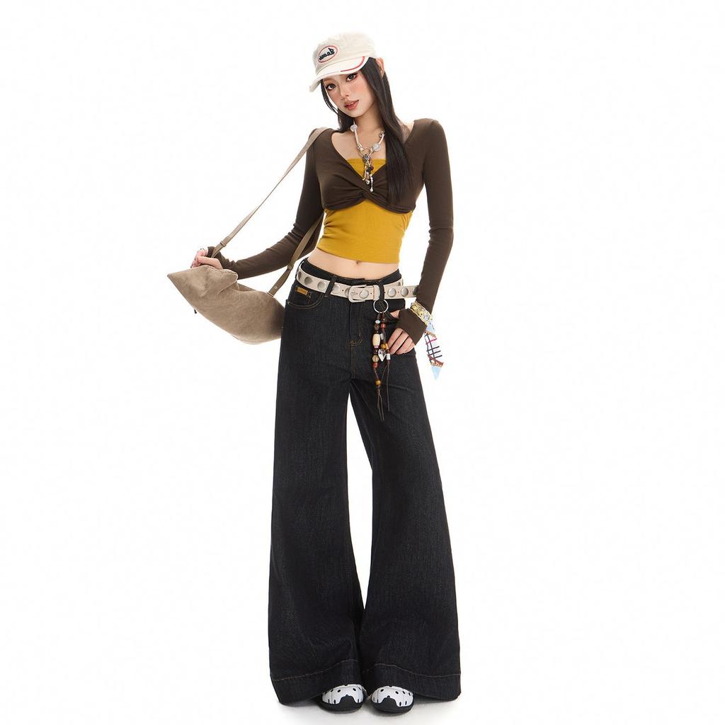 Autumn new micro-pull jeans women's dark wide-leg slim floor pants