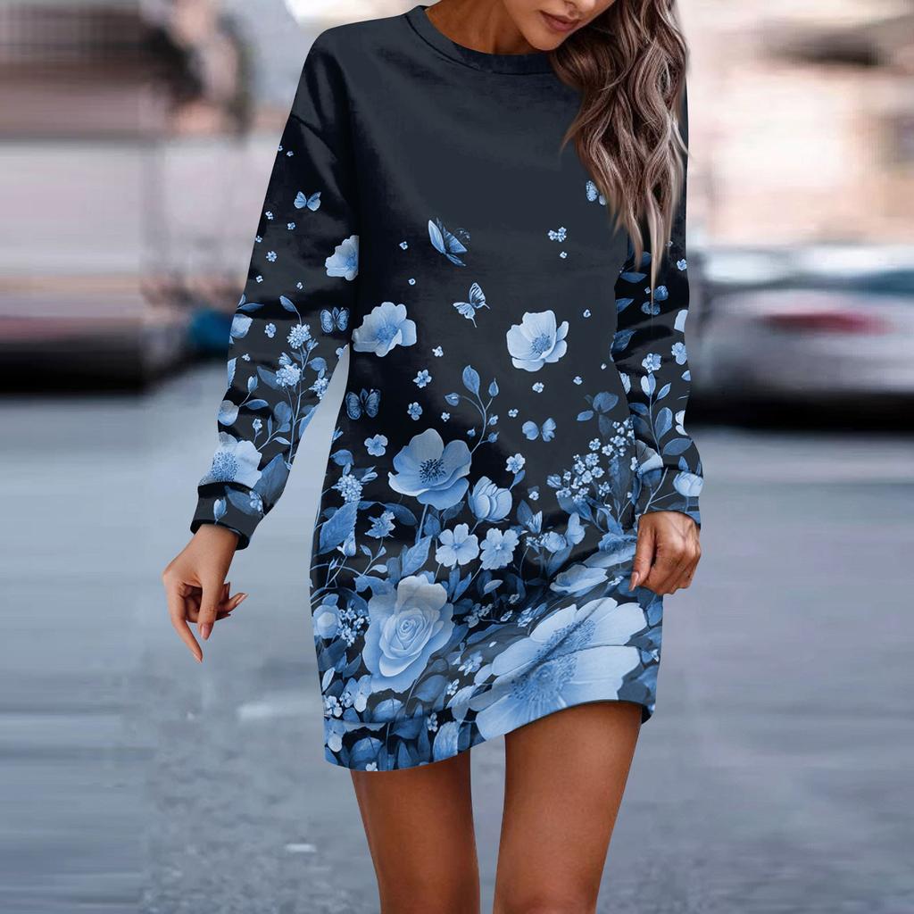 Женское платье-халат с круглым вырезом и винтажным цветочным принтом, с длинным рукавом, платья-толстовки