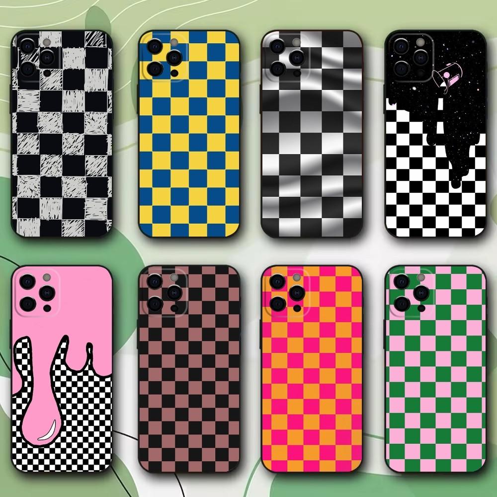 Клетчатая шахматная доска Чехол для телефона Для iPhone 16,15,14,13,12,11,Pro,X,XS,Max,XR,Plus,Mini Мягкий Черный Чехол