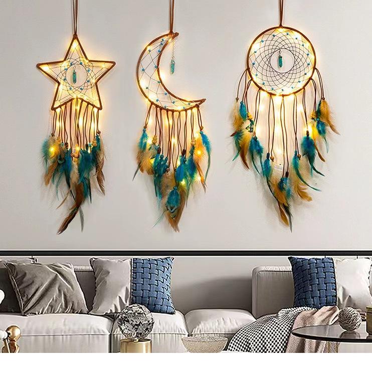 Energy Stone Pendant Feather Dream Catcher Hanging Decor Home Wall Ornament with LED Light Strip