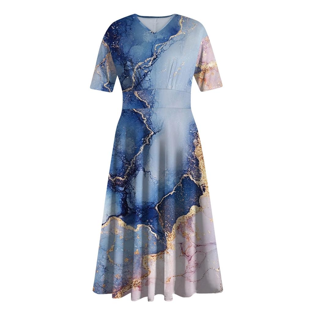 Ladies Casual Fashion Gradient Print V-Neck Short Sleeve Waist Long Swing Dress