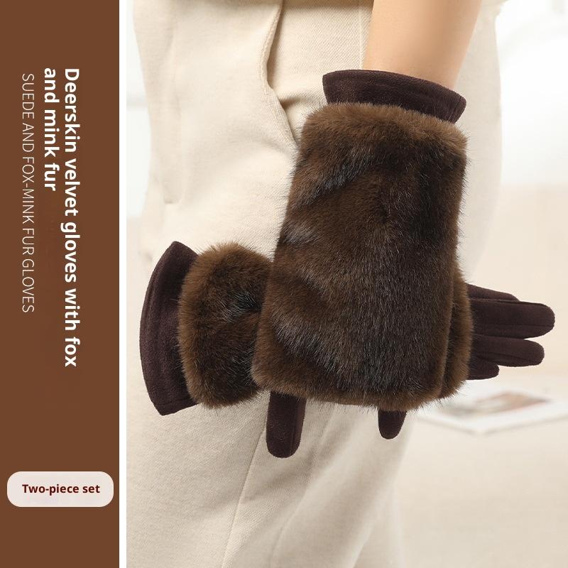 Женские осенне-зимние перчатки из кроличьего меха плюс бархатные утолщенные ветрозащитные и теплые перчатки для верховой езды, устойчивые к холоду, замшевые перчатки с сенсорным экраном