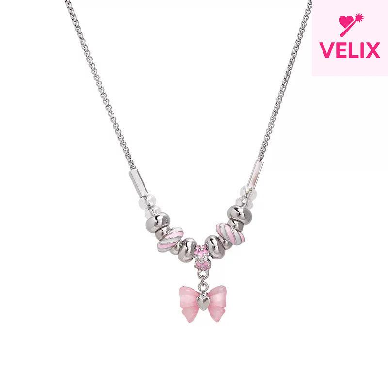 Pink Bow Beaded Necklace Women Light Luxury Niche Sweet Cool High Sense Temperament Collarbone Chain Jewelry Gift