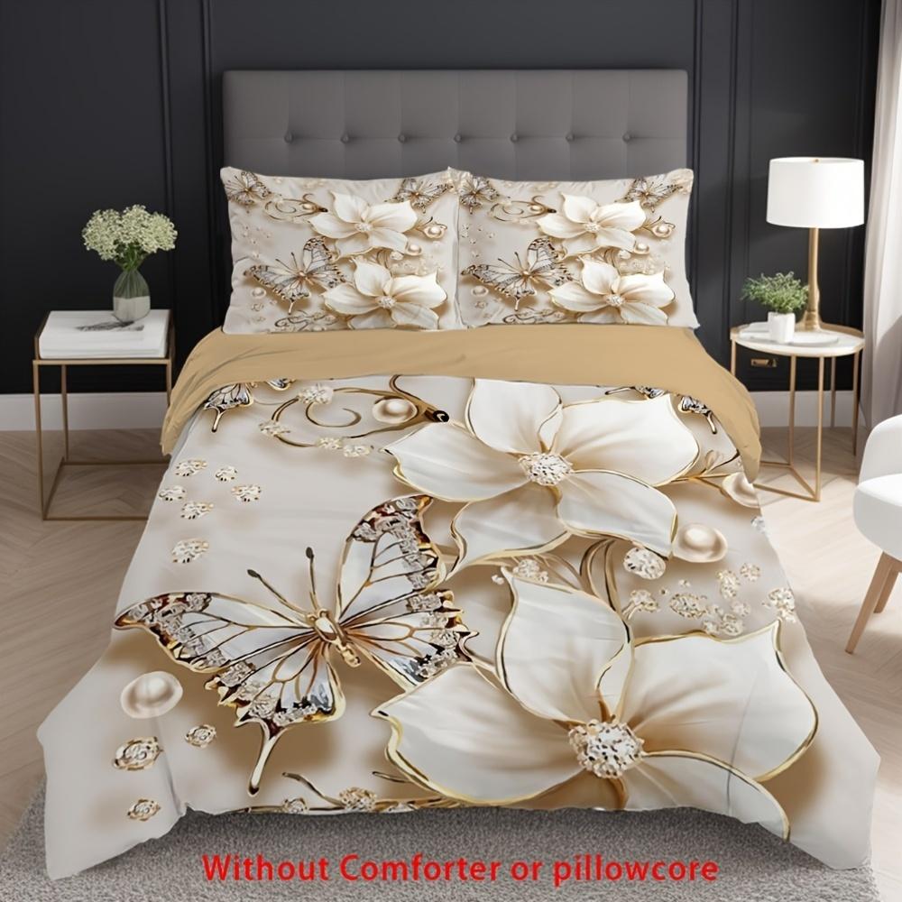 3pcs Champagne Bedding Set Pearl Flower Print Cozy Duvet Cover King Queen Twin Size Birthday Gift for Girl Adult Bedroom Decor