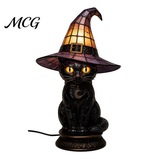 Vintage Style Table Lamp Witch Hat Lamp, Stained LED Light, Halloween with Warm Glow, Gothic Reading Nook Decor Night Light for Bedroom Mantel