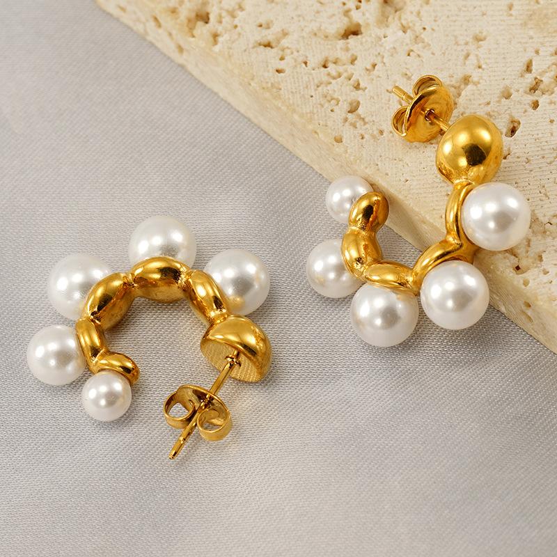 French light luxury retro titanium steel freshwater pearl earrings stainless steel fashion temperament versatile high sense earrings women