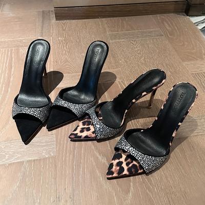 Летние шлепанцы с открытым носком и кристаллами для женщин, модные леопардовые на высоком каблуке, слипоны, шлепанцы для платья, уличная обувь