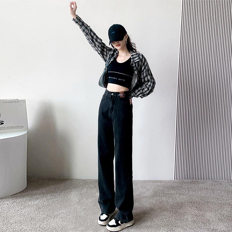 Женские джинсы прямого кроя с высокой талией и широкими штанинами в стиле ретро-корейского покроя, большого размера