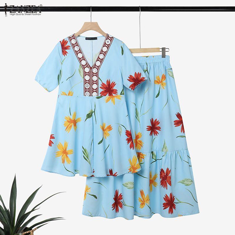 ZANZEA Women Short Sleeve Blouse and Long Skirts Floral Print Two Piece Suit Sets