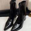 Boots Women's Autumn and Winter New Velvet Patent Leather Side Zipper Thick Heel Martin Boots Pointed High Heel Short Boots Thin Elastic Boots