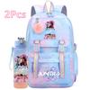 2Pcs/set Cute Anime Kpop Printed Backpack with 750Ml Water Bottler Large Capacity Travel Bag for Teenager Girl Boy Bookbag Kid Gift Mochila