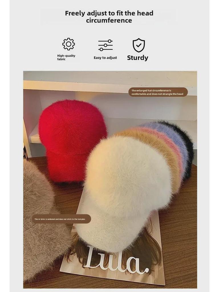Женская бейсболка из меха кролика в корейском стиле - теплая, мягкая зимняя шапка для большой окружности головы, стройнящий белый дизайн