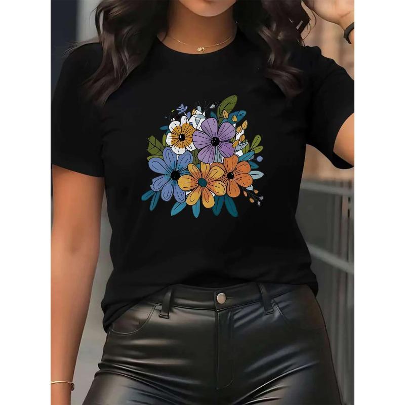 Womens Heart Print Round Neck Short Sleeve Casual Durable Daily Tee