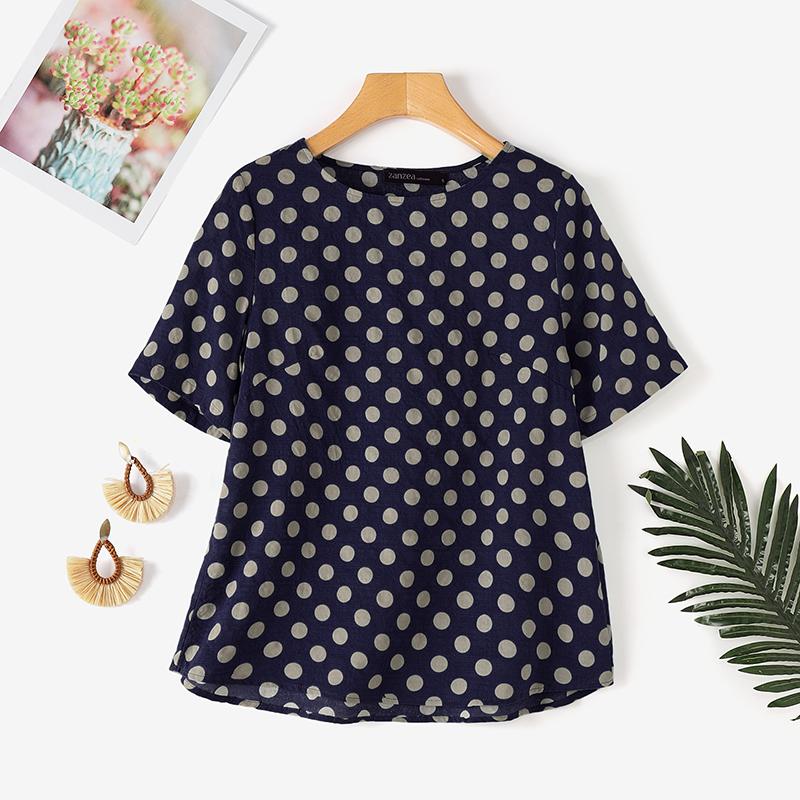 ZANZEA Женская повседневная блузка с круглым вырезом и коротким рукавом в горошек