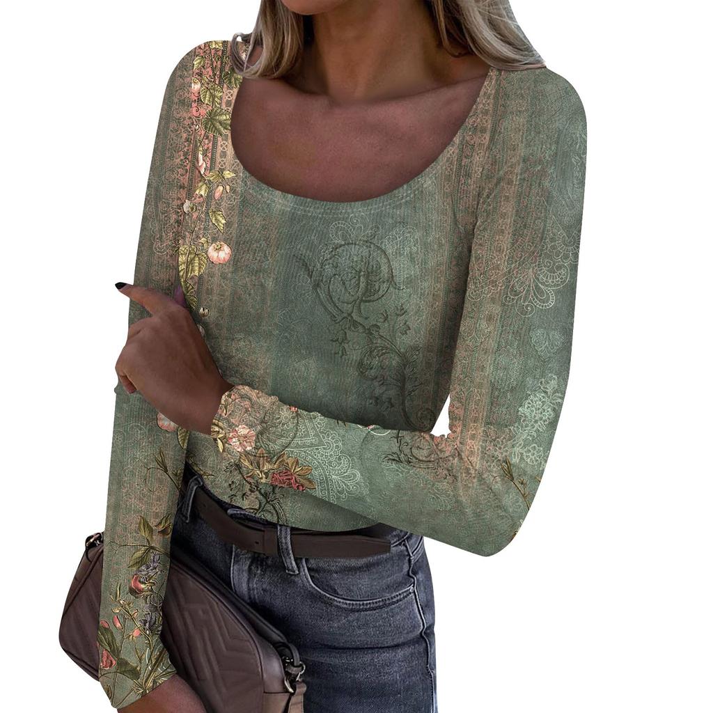 Women's Autumn And Winter Slim Fit Base T-shirt Fashionable Casual Gradient Regular Print U-neck Pullover Long Sleeved Top