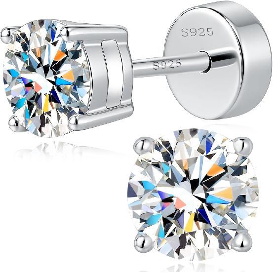 Impalsory Moissanite Flat Back Stud Earrings for Women, Screw Back Cartilage and Lobe Earrings, 925 Sterling Silver Hypoallergenic D Color VVS1