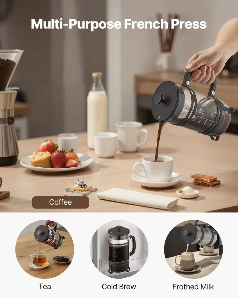 French Press Coffee Maker, 1 Liter Borosilicate Glass Coffee Press Tea Maker with Stainless Steel Filter, Large Glass French Presses Cold Brew for