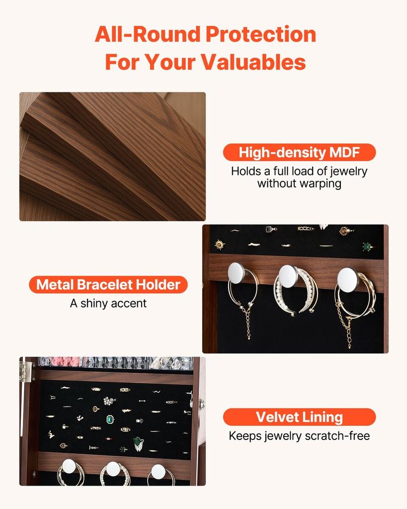 360° Swivel Jewelry Cabinet, 1550 mm Tall, Full-Length Mirror with Storage, Standing Rotatable Jewelry Armoire Organizer, Lockable Door with 2 Keys,