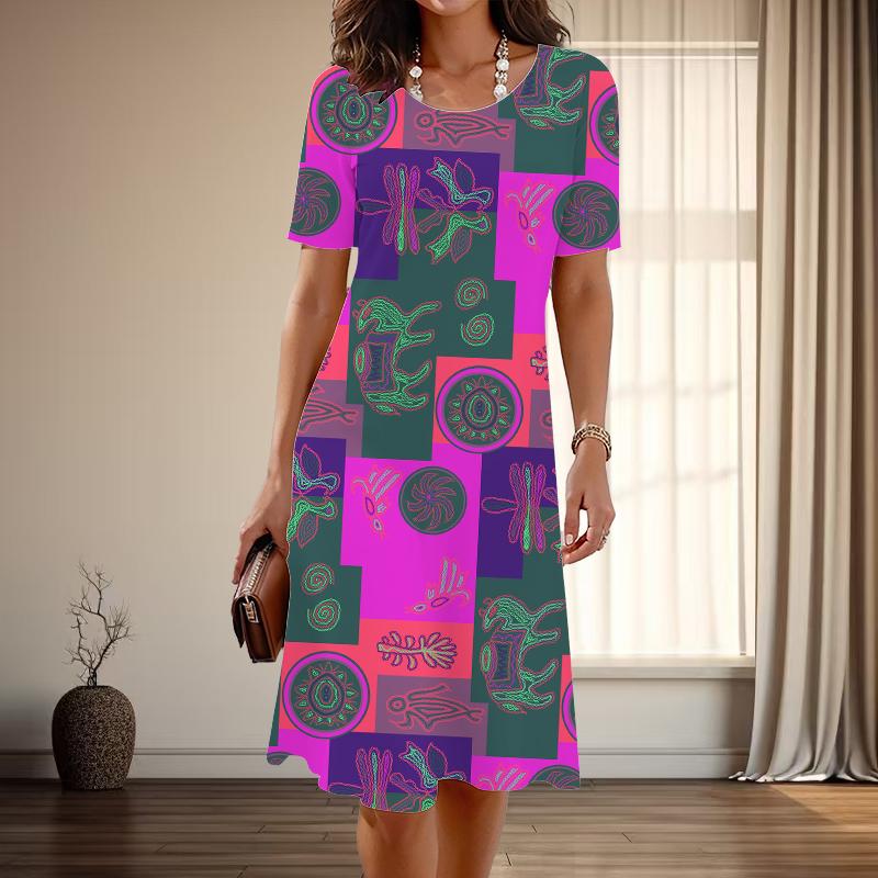 Женская мода изящный ретро принт лето весна короткий рукав О-образный вырез повседневные платья